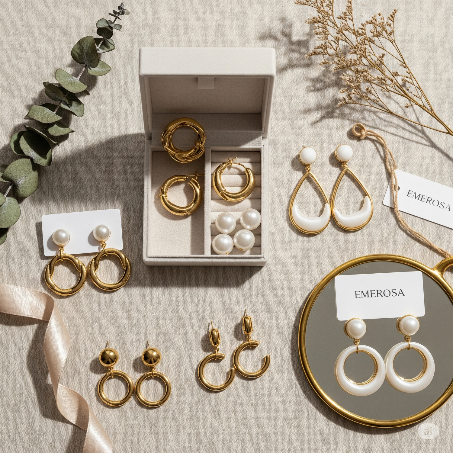 EMEROSA premium waterproof earrings: gold chunky hoops, dainty pearl studs, and statement danglers. High-quality anti-tarnish jewelry for women, displayed on a beautiful flat lay with natural light.