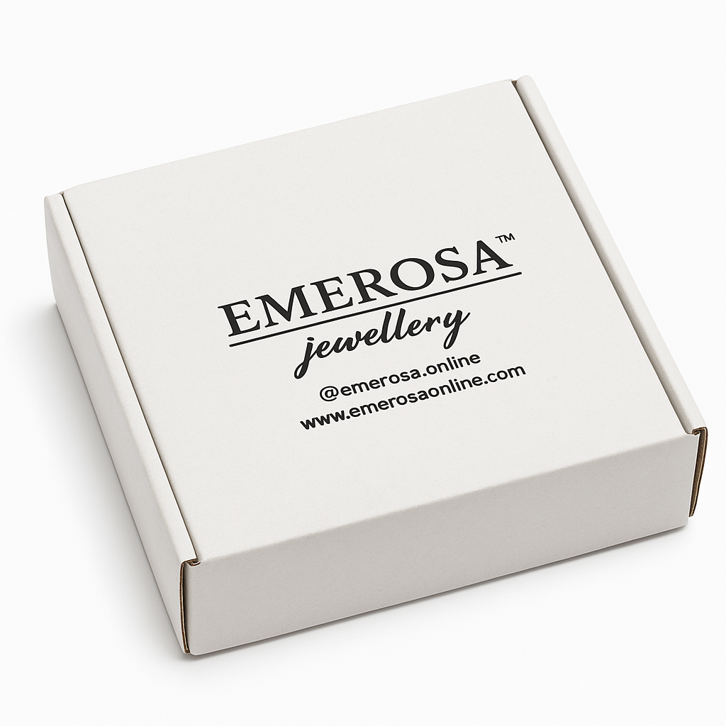 White jewelry box with 'Emerosa Jewellery' branding on a white background