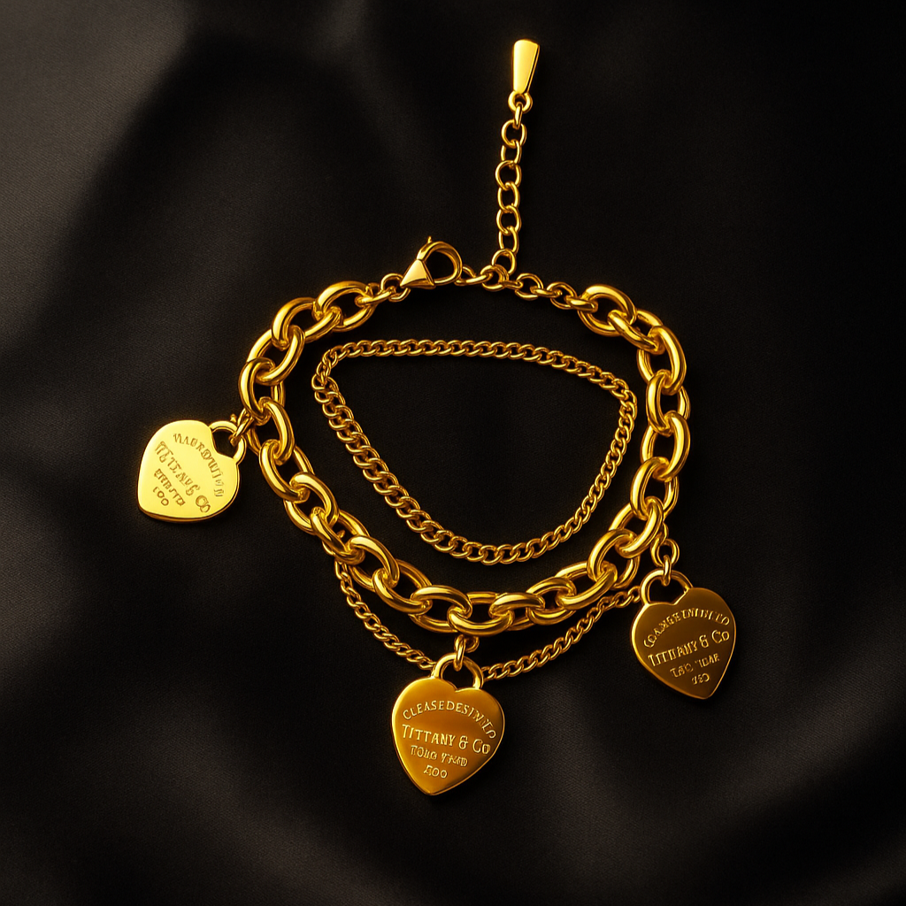 Golden Heart Charm Three Layered Bracelet