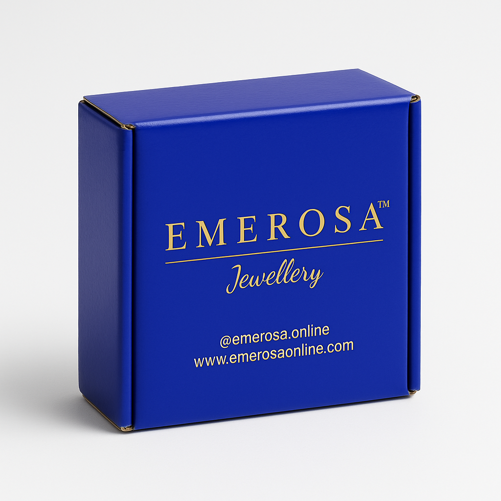 Blue jewelry box with 'Emerosa Jewellery' branding on a white background
