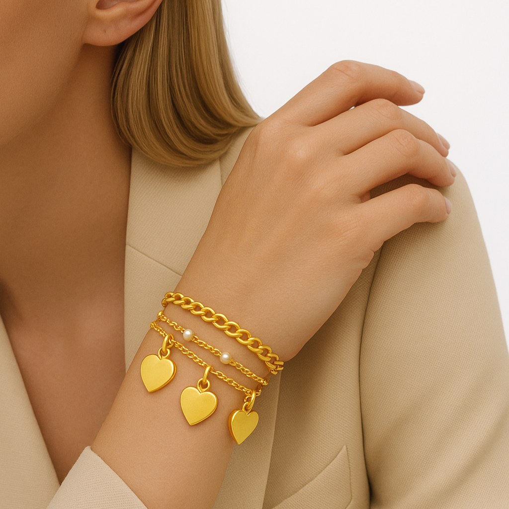 Golden Heart Charm Three Layered Bracelet