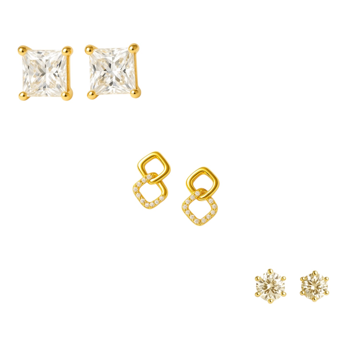 Gold CZ Stud Earrings Set-3 Pairs