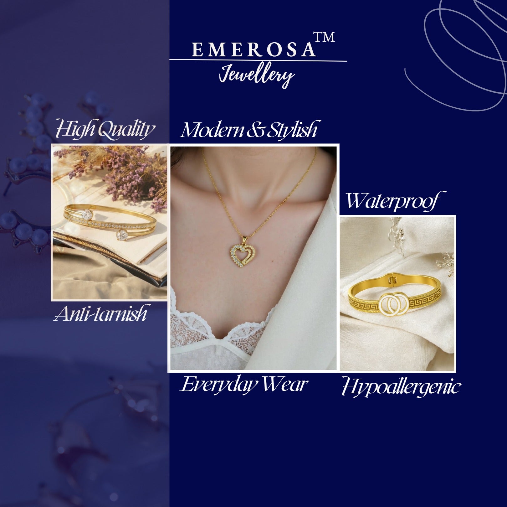 Advertisement for Emerosa Jewellery featuring gold jewelry on a blue background.