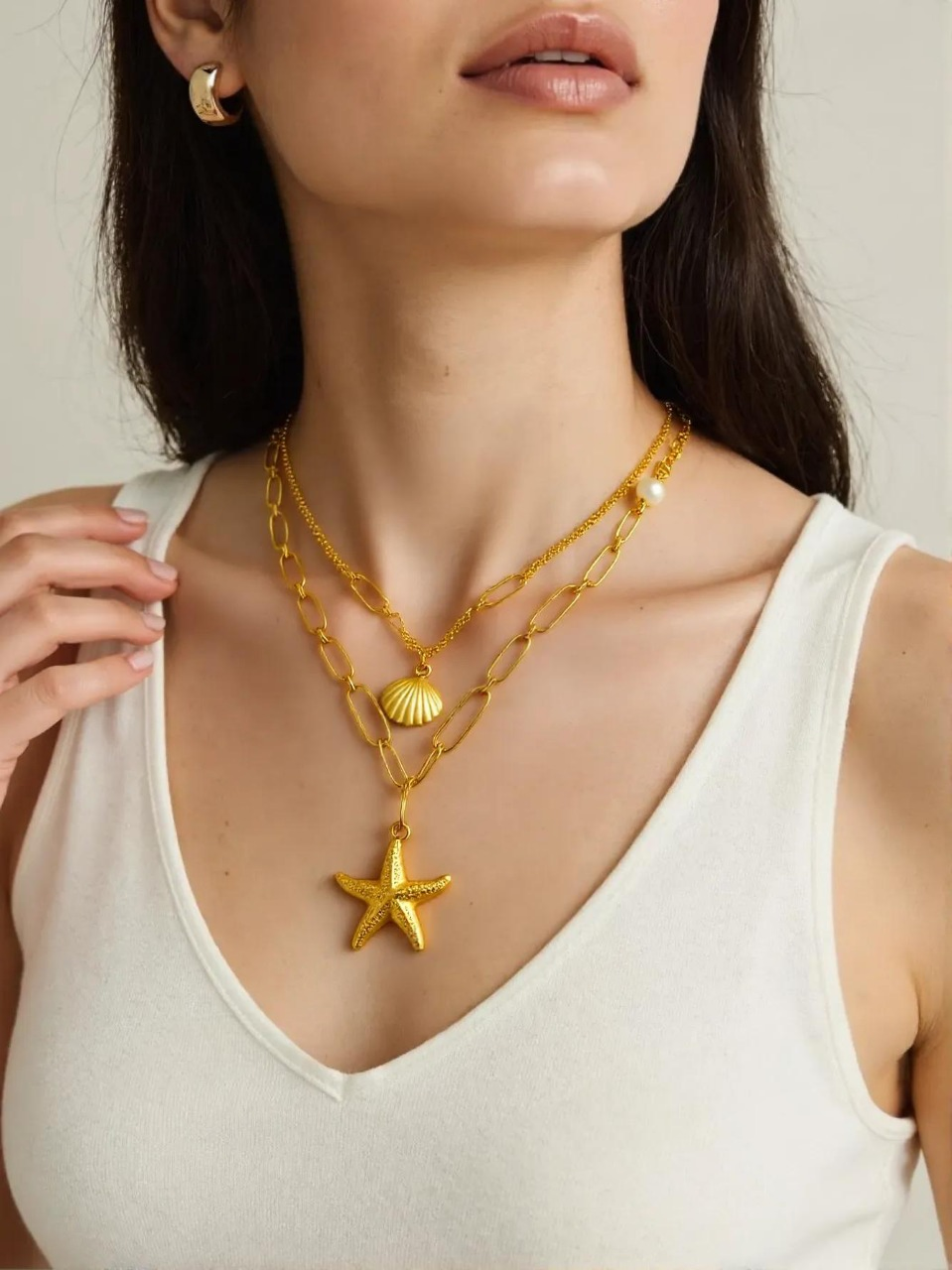 Starfish Couch Turtle Pendant Double Layered Necklace