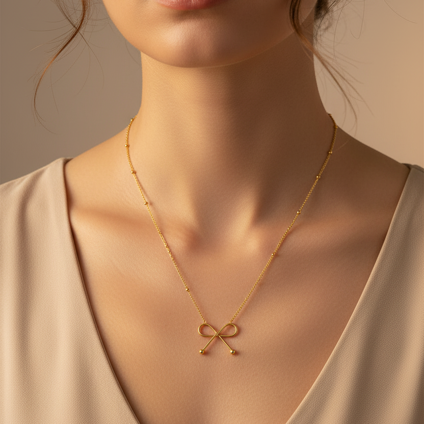 Gold necklace with a bow pendant on a model wearing a beige top against a neutral background