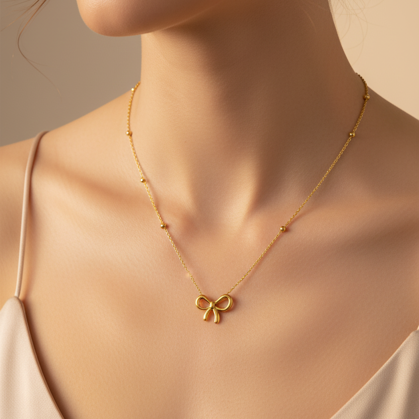Gold necklace with a delicate pendant worn by a model against a neutral background