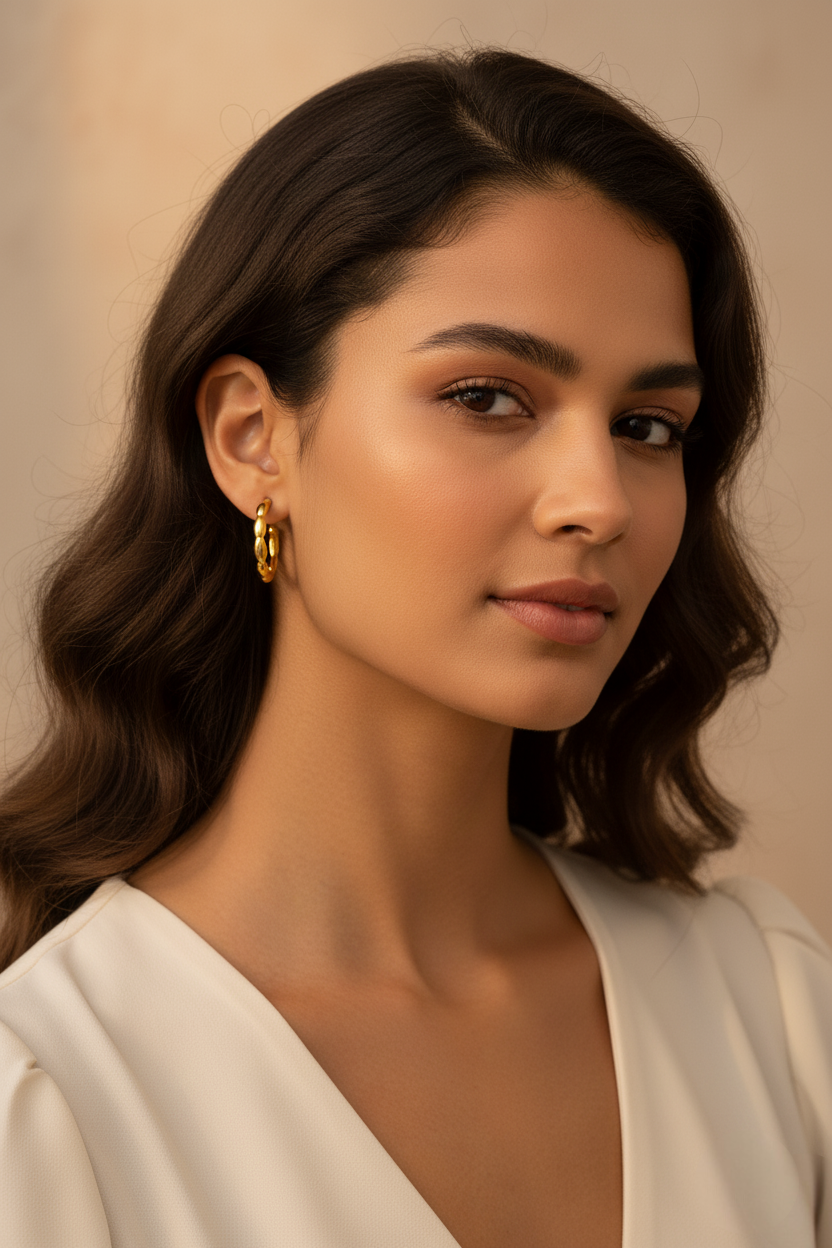 Woman wearing gold earrings with a neutral background