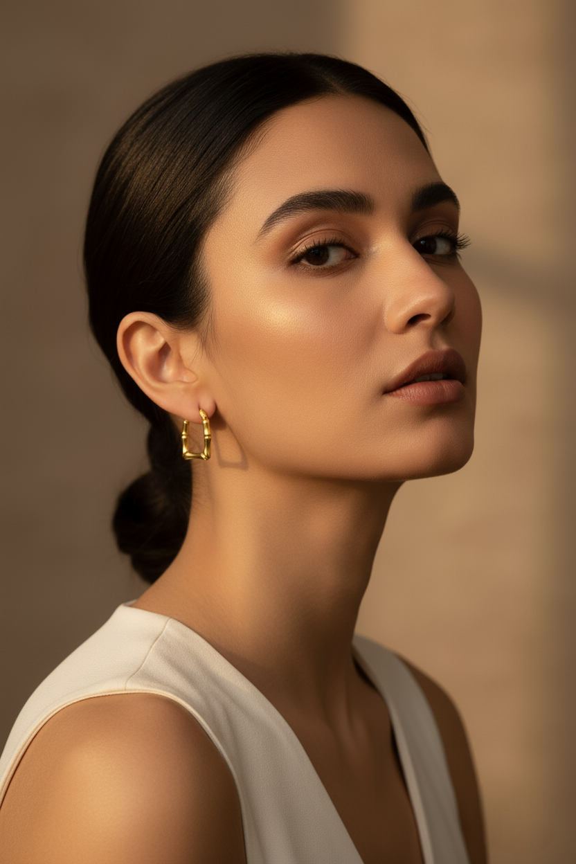 Woman wearing gold earrings against a neutral background
