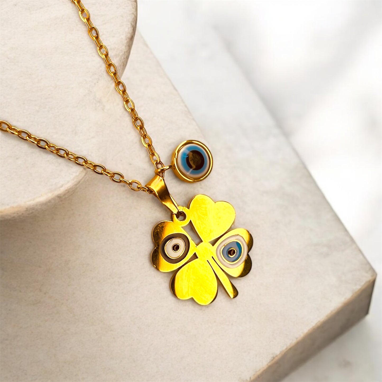 Turkish Blue Evil Eye Clover Heart Necklace