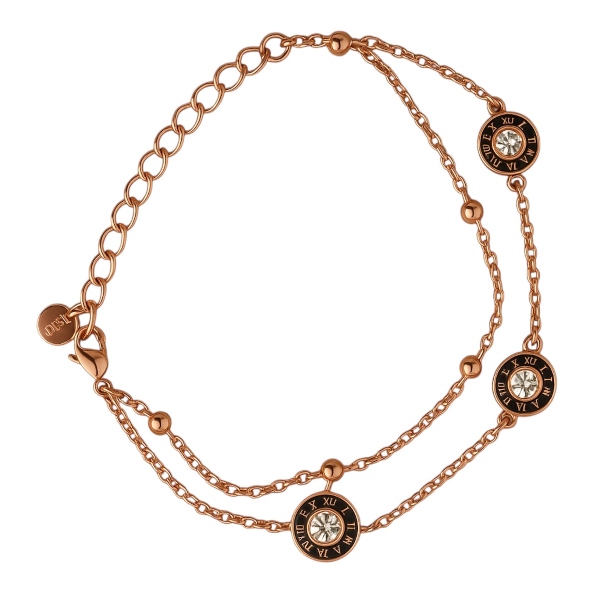 Rose gold plated chain bracelet with roman numeral clock face design on a white background