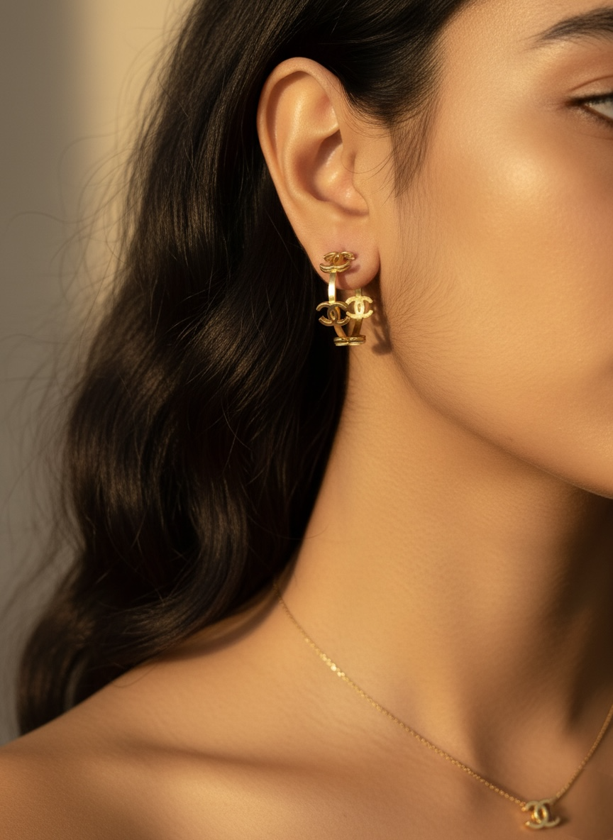 Close-up of a person wearing gold earrings and a necklace with a neutral background